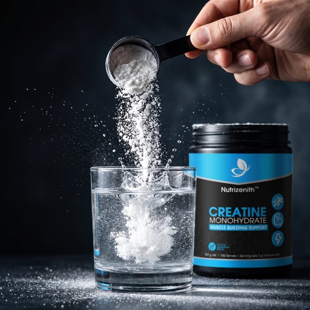 A scoop of creatine powder being poured into a glass of water beside the tub