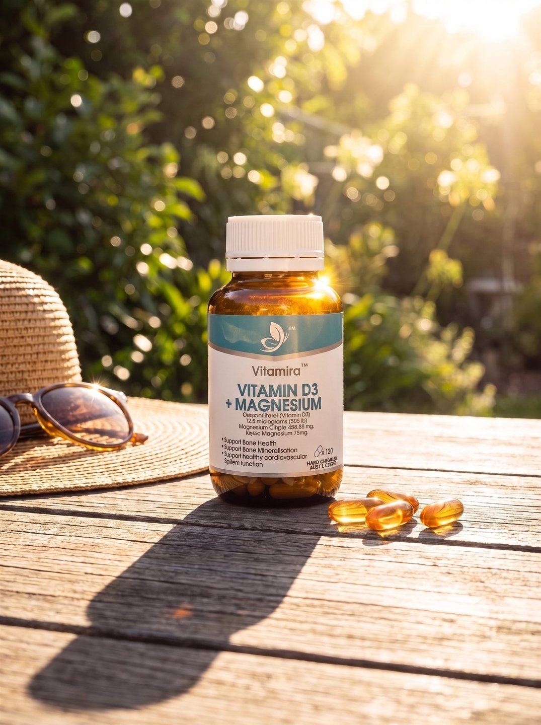 Vitamira Vitamin D3 + Magnesium on an outdoor table in the sun beside a straw hat and capsules