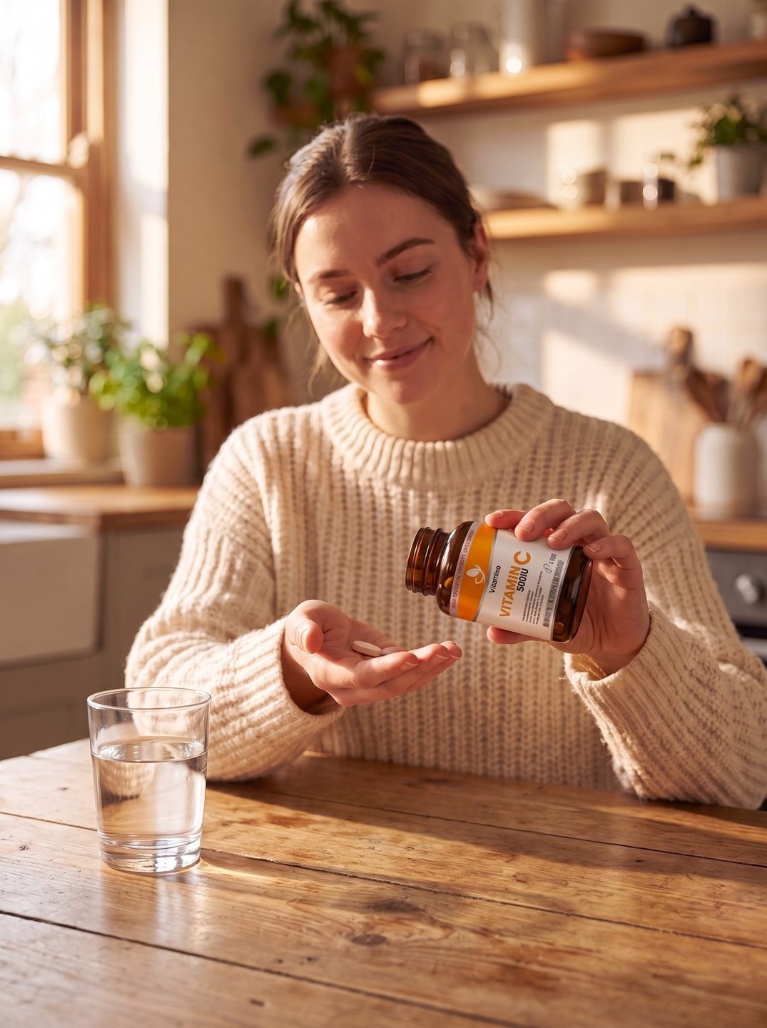 Taking a Vitamira Vitamin C capsule at the kitchen table
