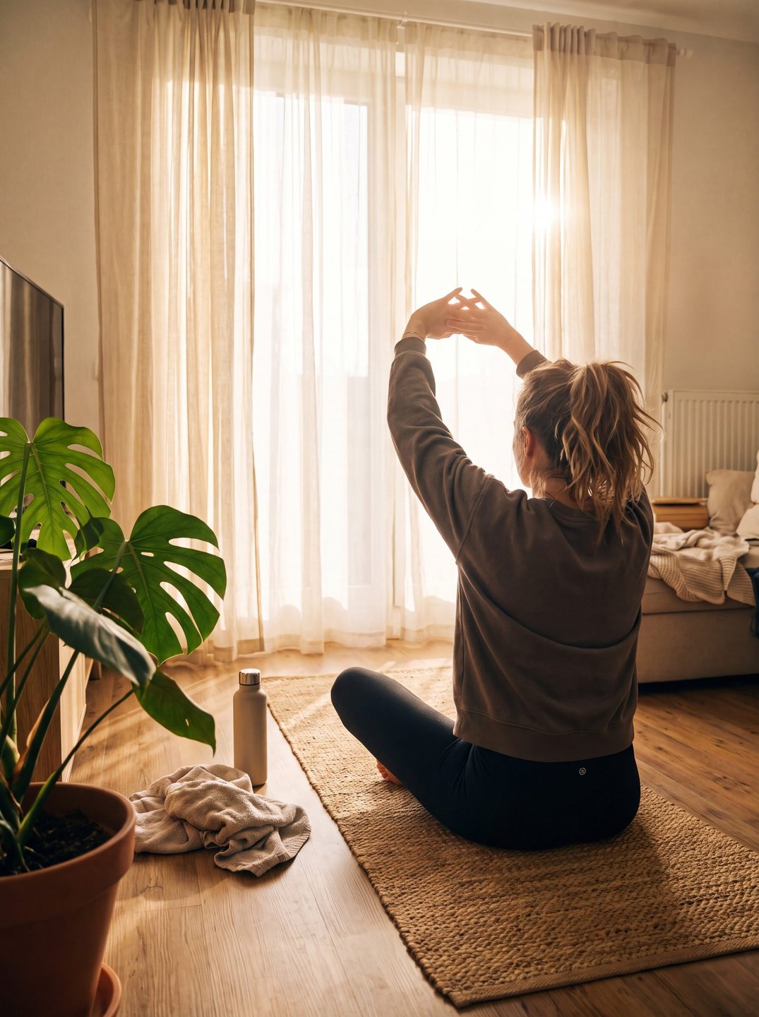A calm morning stretch at home in early light