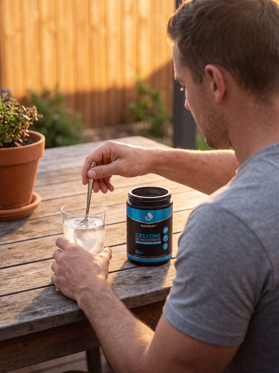 A man stirring Creatine Monohydrate into a glass of water at an outdoor table at sunset