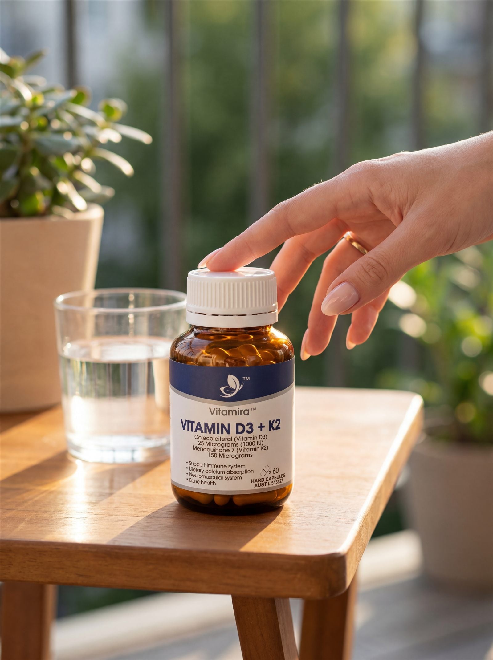 Vitamira Vitamin D3 + K2 on a timber shelf beside a morning coffee