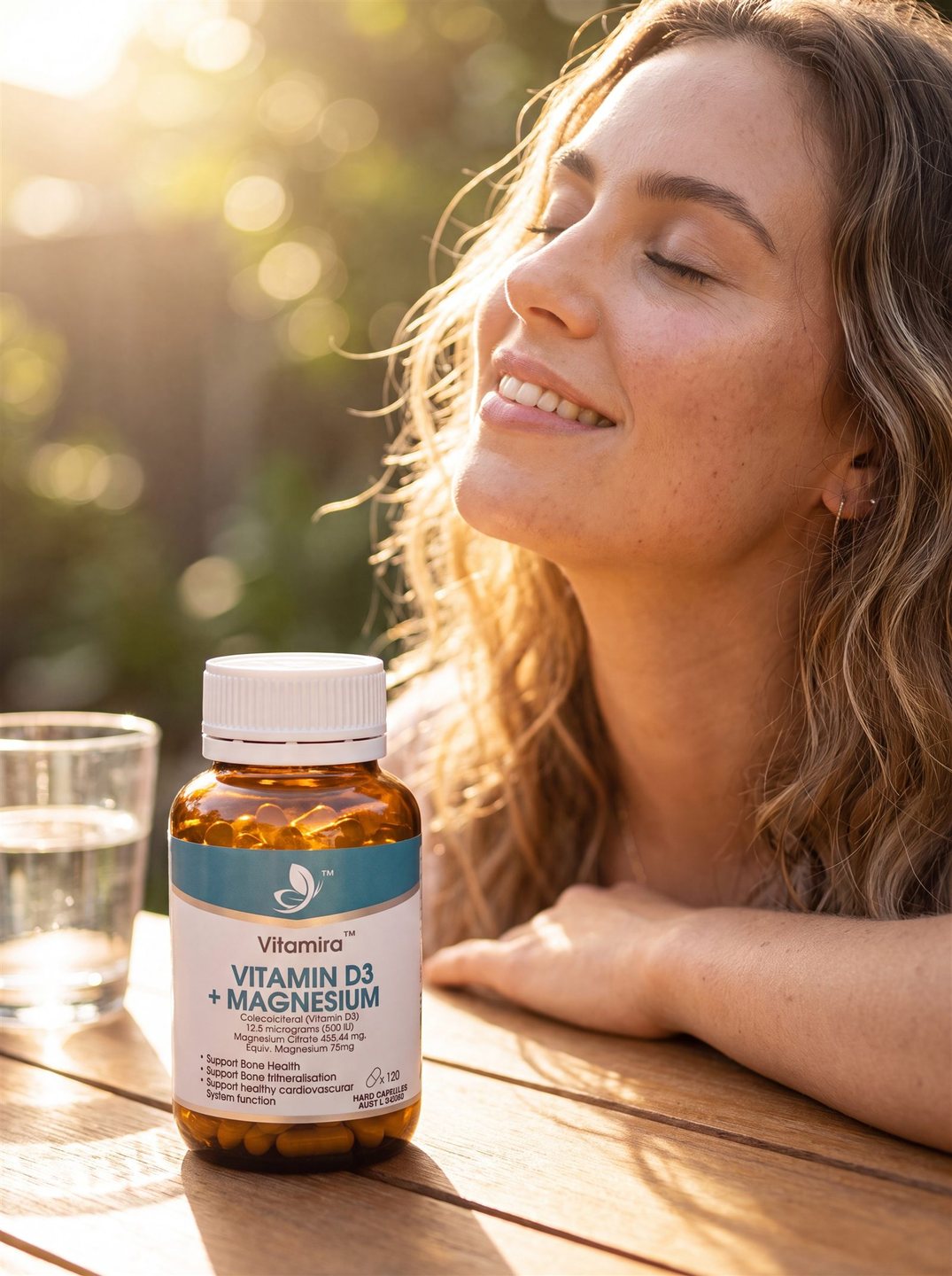 A woman relaxing in golden sunlight with a bottle of Vitamira Vitamin D3 + Magnesium on the table