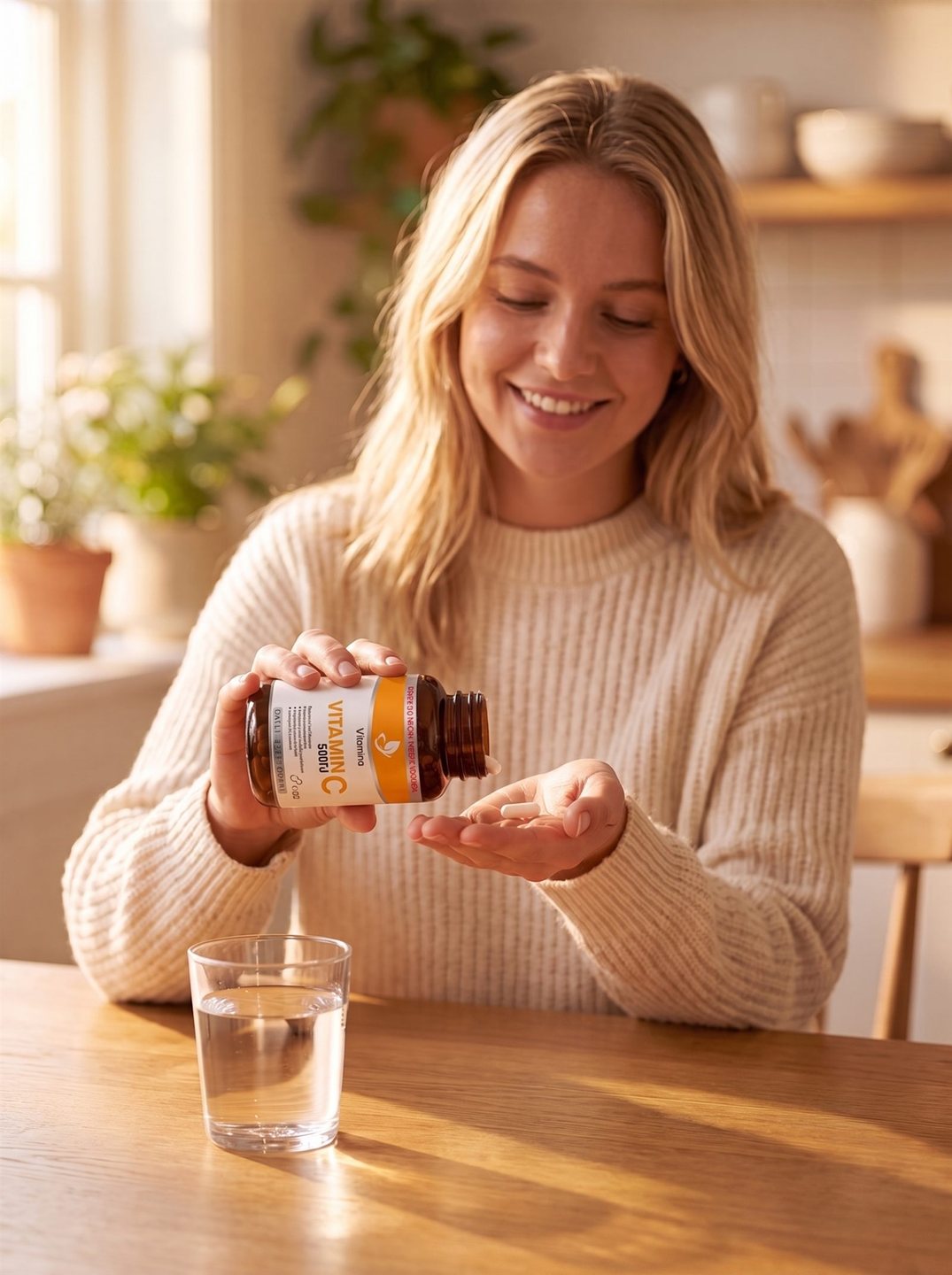 A woman pouring a Vitamira Vitamin C capsule into her hand at a kitchen table
