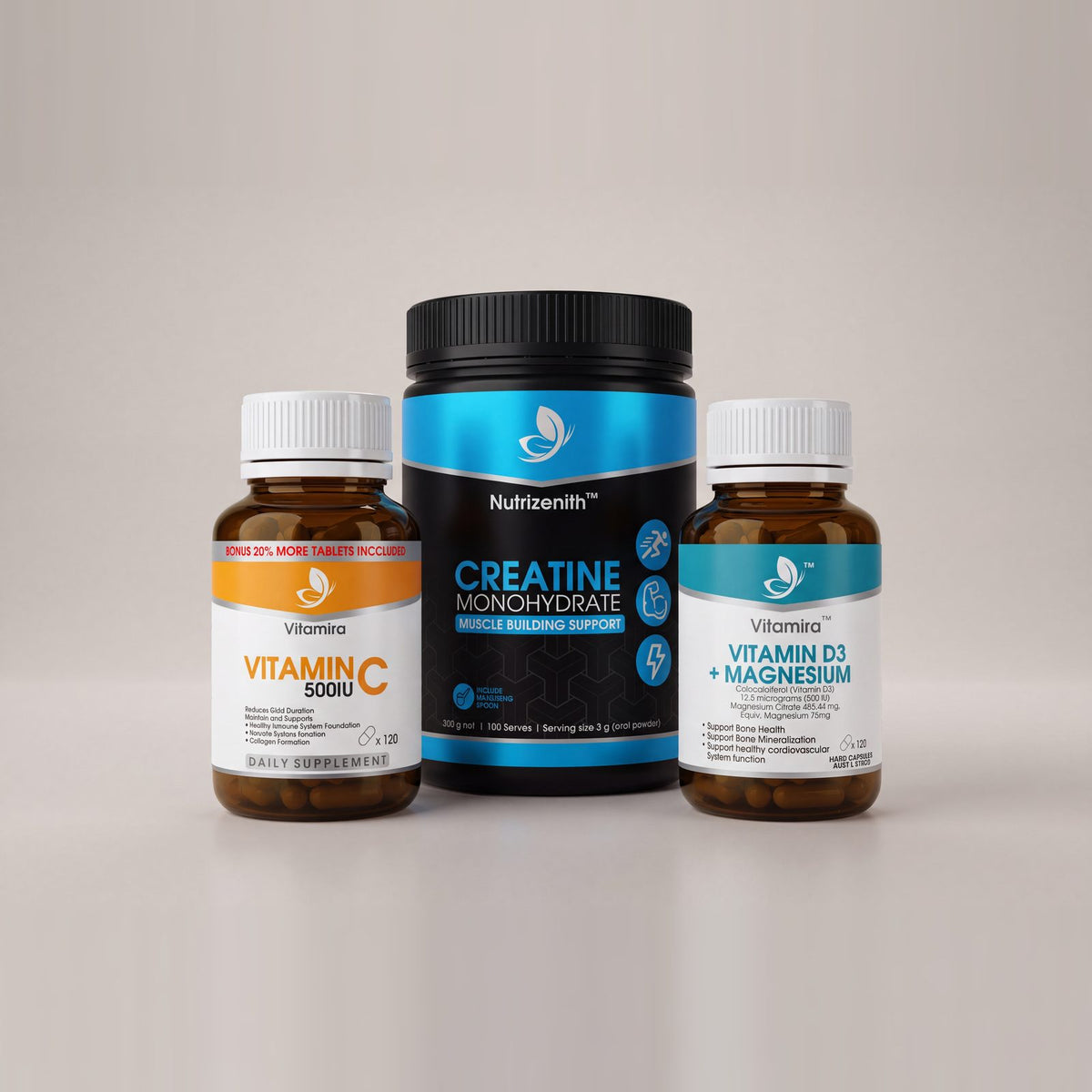 The Active Three: Creatine Monohydrate, Vitamin C and Vitamin D3 + Magnesium