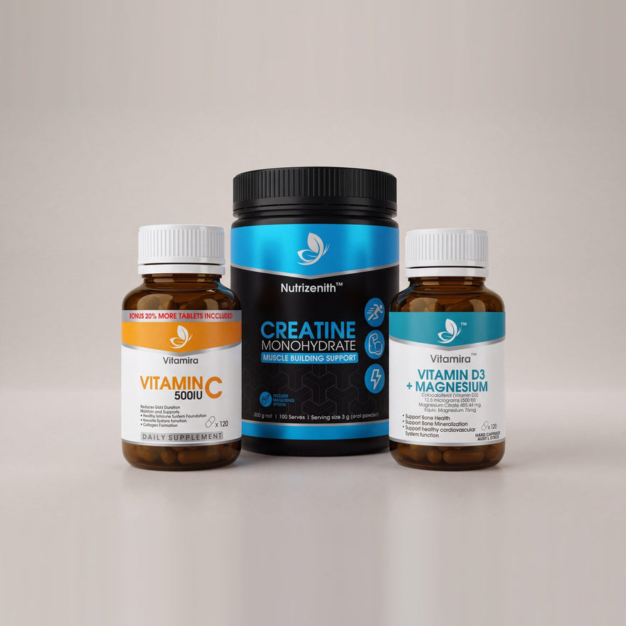 The Active Three: Creatine Monohydrate, Vitamin C and Vitamin D3 + Magnesium