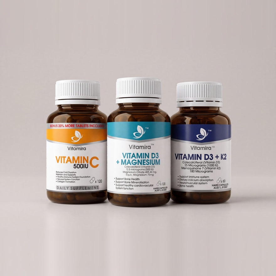 The Daily Three: Vitamin C, Vitamin D3 + Magnesium and Vitamin D3 + K2