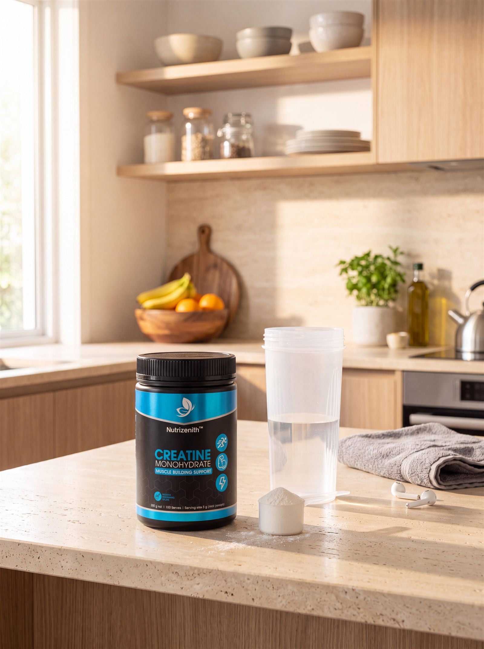 Creatine Monohydrate on a kitchen bench with a shaker and scoop
