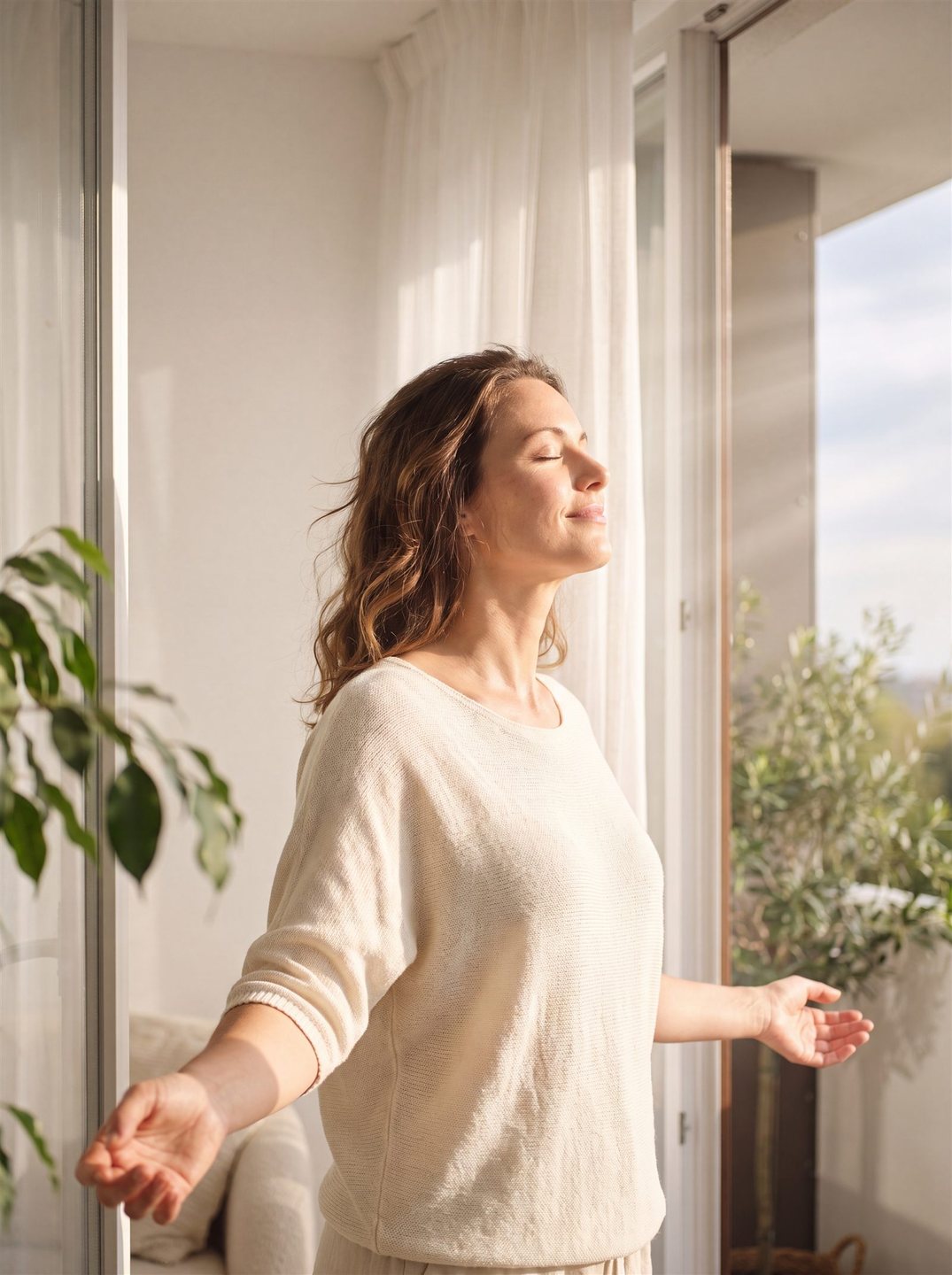 A woman enjoying morning sunlight by an open balcony door