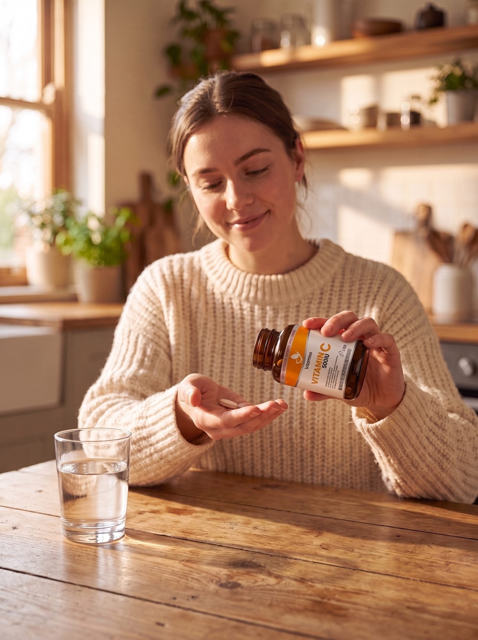 Taking a Vitamira Vitamin C capsule at the kitchen table