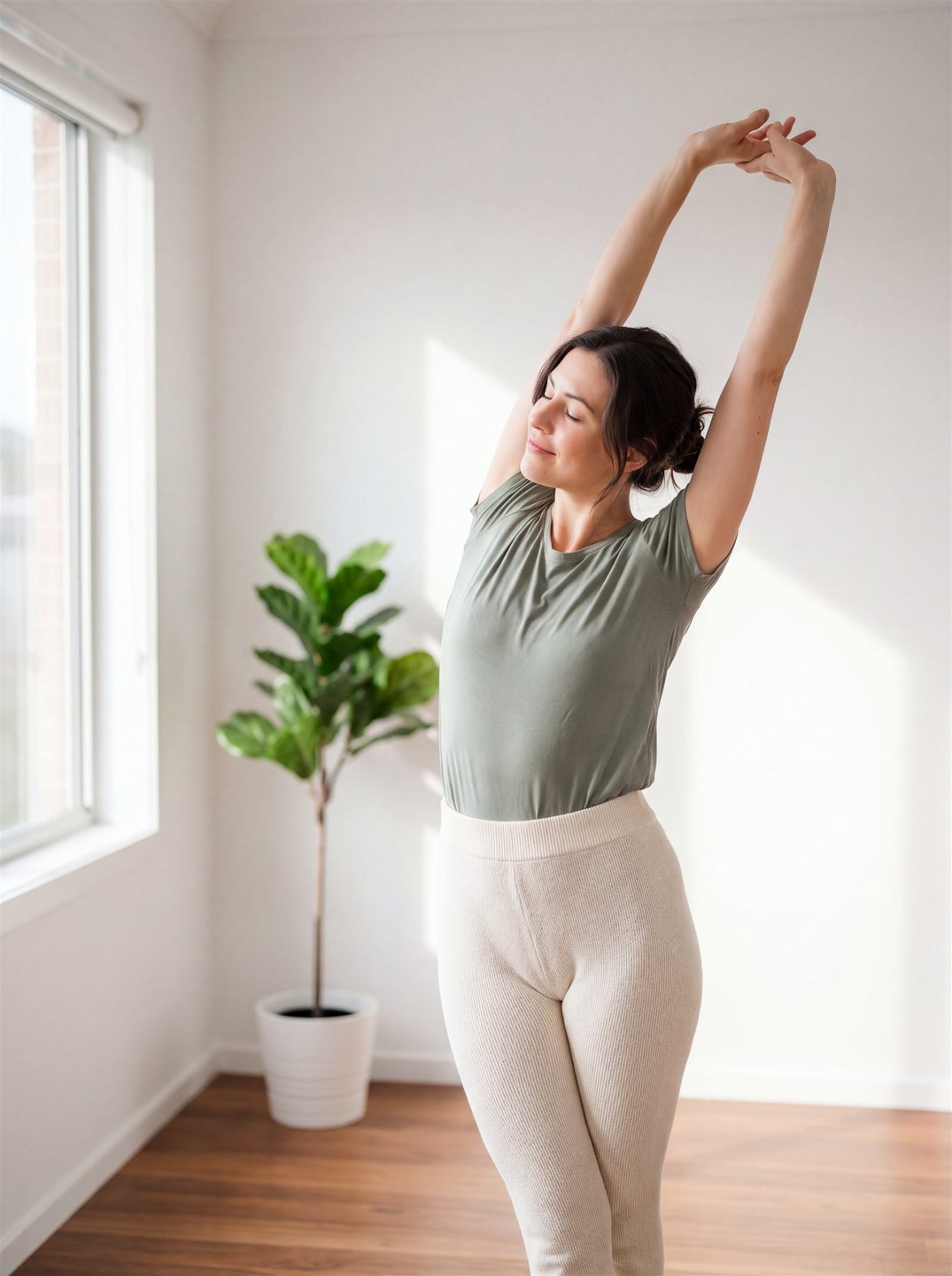 A woman stretching in a bright, sunlit room