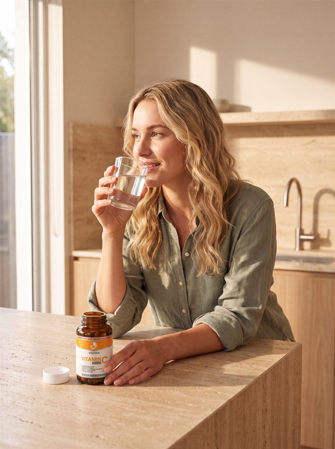 A woman drinking a glass of water at a sunlit kitchen bench with an open bottle of Vitamira Vitamin C